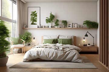 Tranquil Zen Sanctuary: Minimalist Bedroom with Wooden Accents and Green Plants