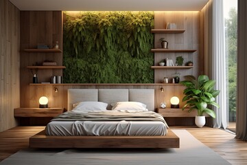 Tranquil Zen Bedroom: Minimalist Decor with Wooden Accents & Green Plants