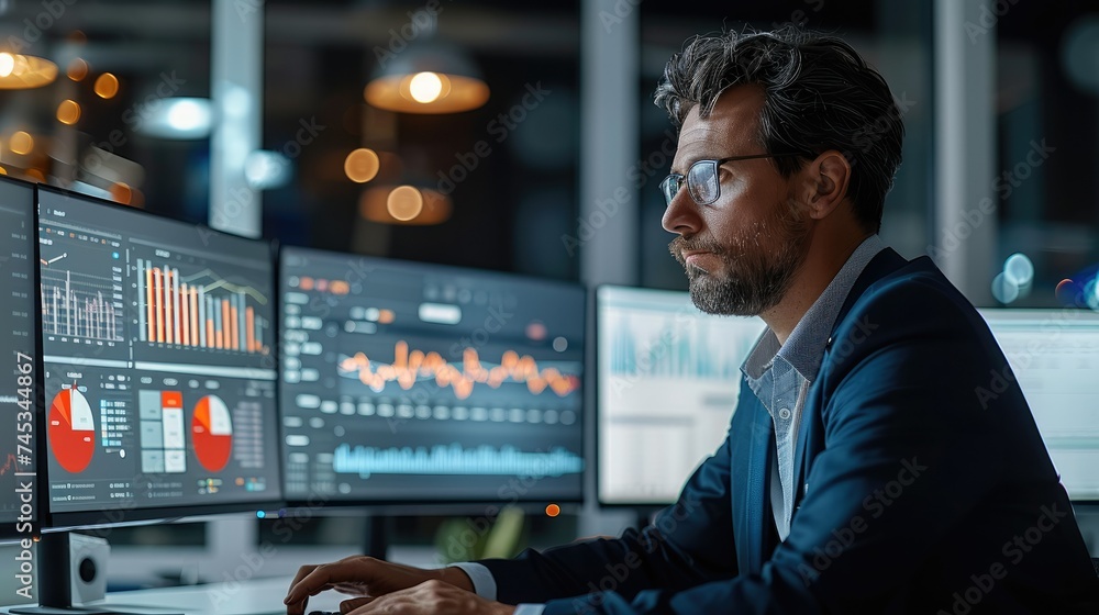Poster A competent financial officer seated at a desk in an office building. working with computer monitor is visible with financial charts and data. Generative AI.