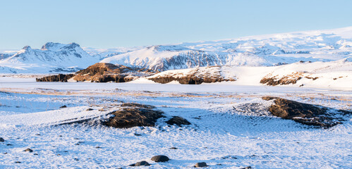 Beautiful winter view of of winter landscape of Reynisfjara Beach with gass growing in the black sand volcanic beach in the foreground. Snowy mountains in the background. Beautiful view on snowy Reyni