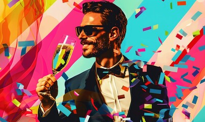 creative graphics collage, illustration of a handsome guy in an elegant outfit celebrating a VIP party with style and luxury
