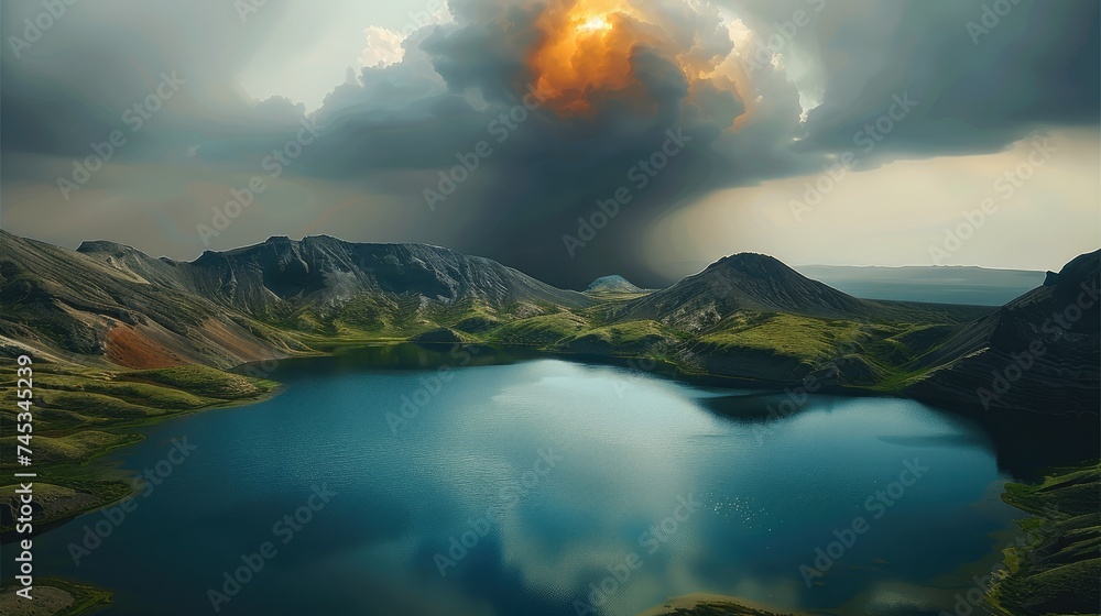 Poster the volcanic hills and a large black lake in the foreground. generative ai.
