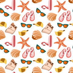 Seamless travel pattern with vacation accessories and seashells with sea stars. Vector illustration 