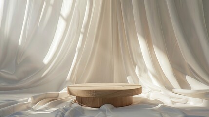 stylish empty modern round wooden podium side table with soft white blowing drapery curtain drapes in sunlight for luxury cosmetic skincare beauty treatment fashion product display background
