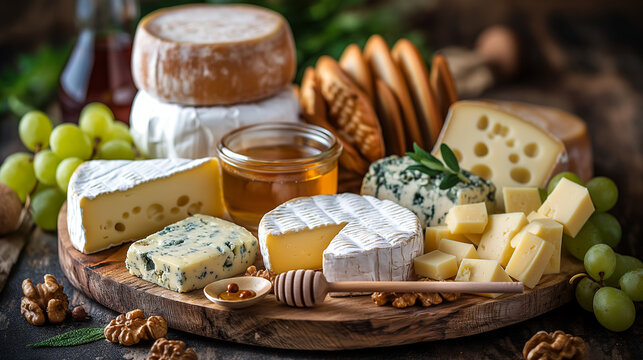 Cheese plate with different types of chees, grape and bread, steel life on a wooden board