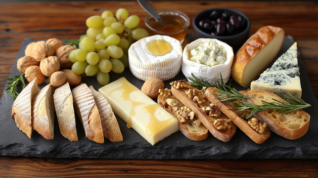 Cheese plate with different types of chees, grape and bread, steel life on a wooden board