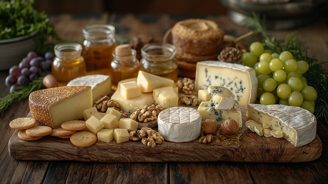 Cheese plate with different types of chees, grape and bread, steel life on a wooden board