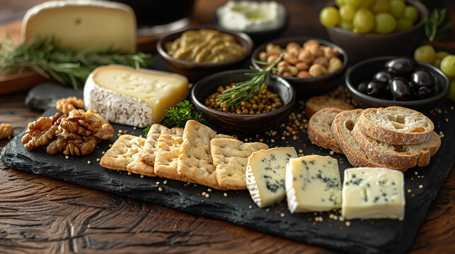 Cheese plate with different types of chees, grape and bread, steel life on a wooden board