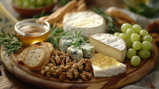 Cheese plate with different types of chees, grape and bread, steel life on a wooden board