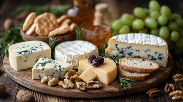 Cheese plate with different types of chees, grape and bread, steel life on a wooden board