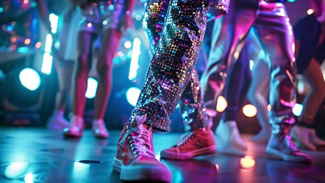 Cropped portrait of young man's in trendy shiny glitter suit dancing on the dance floor in a neon nightclub, with people in blurred background