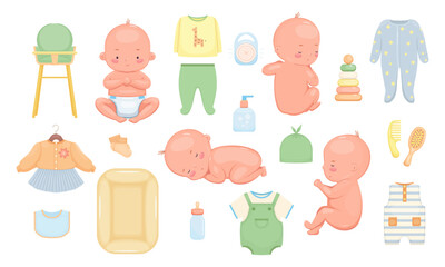 Vector illustration newborn set. Babies in different poses infant clothes accessories.