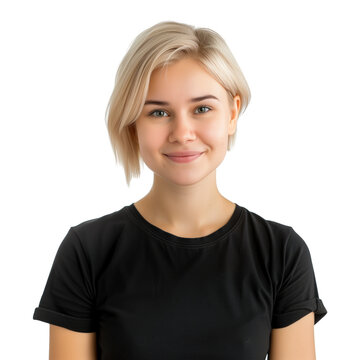 Smiling young woman with blonde bob haircut isolated on transparent background