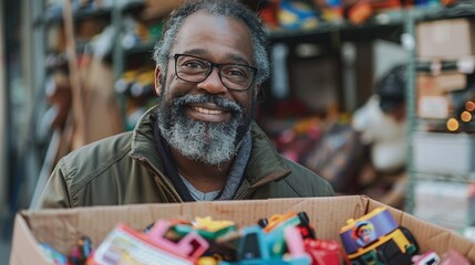 volunteer giving back to the community with charity donation concept, man holding cardboard box filled with toys for underprivileged children - obrazy, fototapety, plakaty