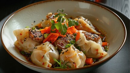 A traditional Asian dumplings with meat and vegetables served. Generative AI.