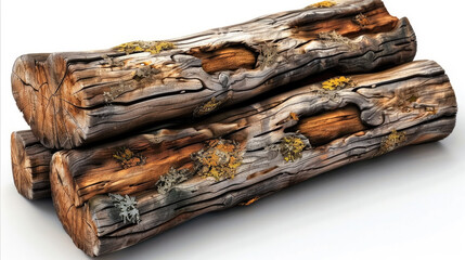 Realistic wooden logs with moss isolated on white background. Generative AI.