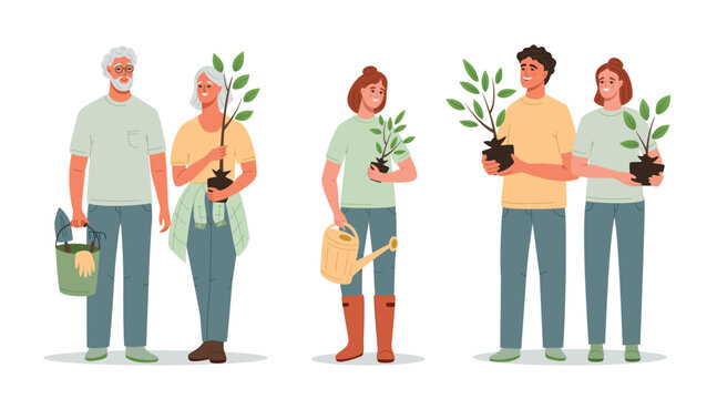 Set of people of different ages with plants and gardening tools in his hands. Environmental care and volunteerism concept, spring gardening. Flat cartoon vector illustration isolated on white