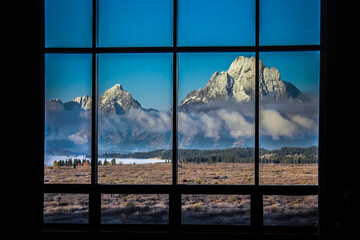 View from the Window - Facing west is wall-size picturesque window of Jackson Lake Lodge in the mighty Tetons. Here is a view of a few of those spectacular mountains.