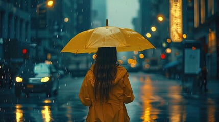 Woman in yellow clothes stood on the street, holding an umbrella on a rainy. Generative AI.