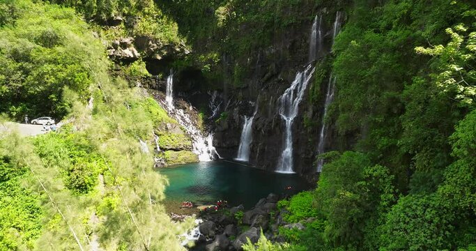 Cascade de Grand Galet waterfalls in Reunion island aerial view 