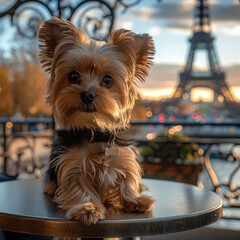 A small Yorkshire is sitting up at a table with the Eiffel tower in the background. Generative AI.