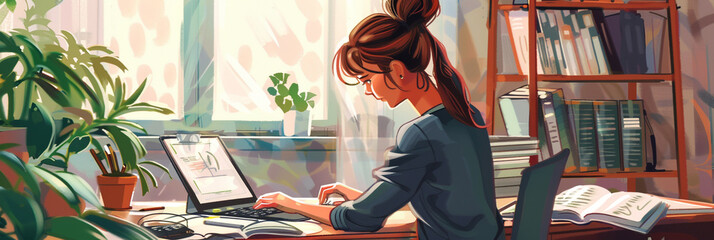 Illustration of a Businesswoman using laptop and calculator to do taxes calculation