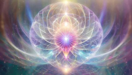 Abstract image of a lotus flower in calm and rich colors. The lotus flower is symmetrically located in the center