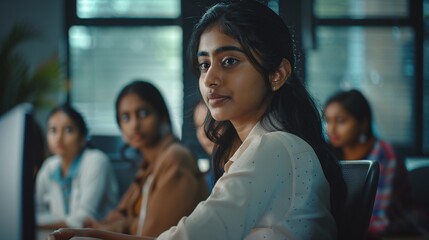 south asian female student portrait in college classroom with diverse classmates, indian girl absorbing knowledge from teacher, applying new IT skills on computer