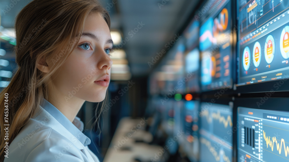 Leinwandbilder woman working in a high-tech data analysis center. dressed in smart business attire. generative ai.