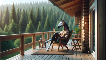 Horse sitting in a chair on the veranda of a forest cabin with a beer