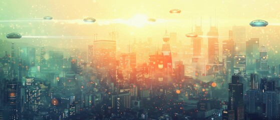 Futuristic Cityscape with Flying Cars, Technological Advancement and Urban Evolution, Illustration of a futuristic cityscape with flying cars, hinting at technological advancement and urban evolution.