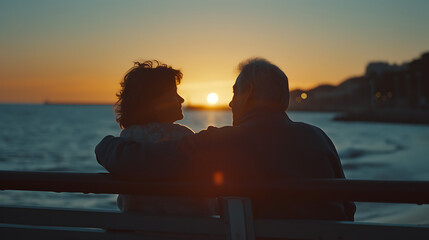 Um close-up com uma lente de 50mm capturando um casal de meia-idade em um banco perto da praia durante o pôr do sol. - obrazy, fototapety, plakaty