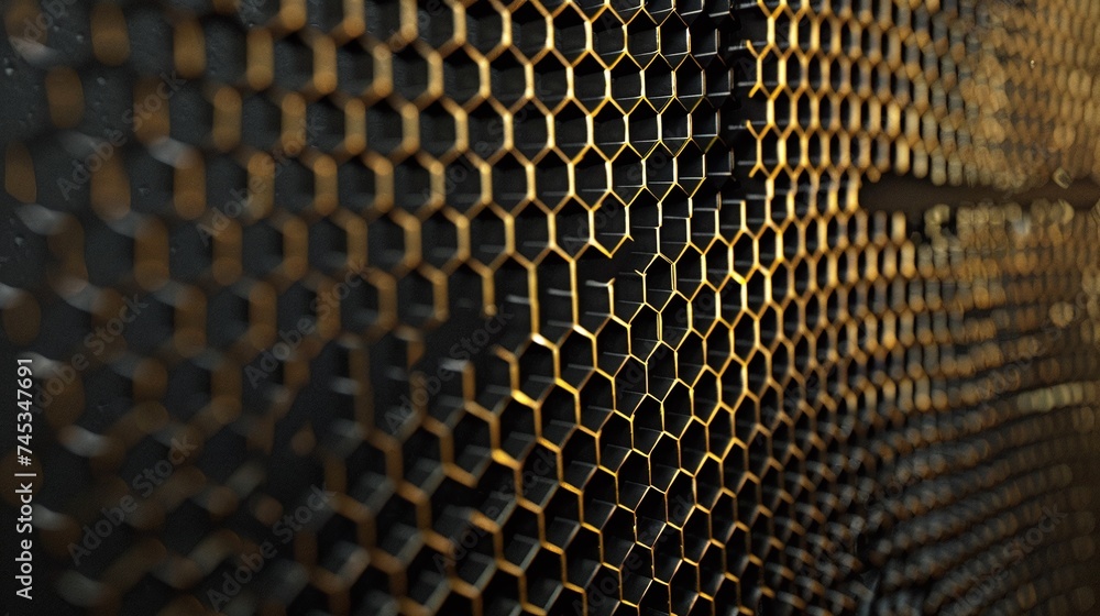 Poster sophisticated hexagonal abstract background in pure black with radiant golden light lines and dark grid pattern for an elegant wedding setting