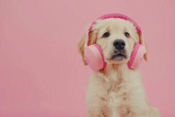 Adorable golden retriever puppy wearing pink headphones. Cute dog with a trendy accessory on a pink background. Playful pup ready to enjoy some tunes in style.