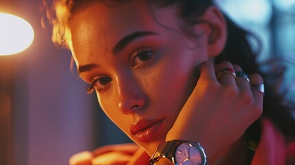 upset girl looking at wristwatch, closeup portrait of young woman stressed and worried about time management and punctuality