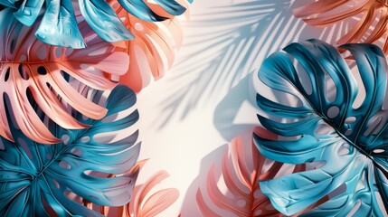 Vibrant monstera leaves in pastel tones with shadow play. Tropical foliage with a modern art twist. Pastel-colored monstera leaves for contemporary design.
