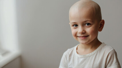 Smiling white child without hair who beat cancer. As a symbol of positive thinking in the fight against cancer.