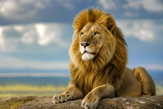 A majestic lion lounges on a rock, gazing into the distance under a cloudy sky, embodying the essence of the wild.