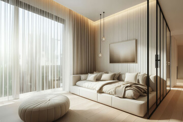 Serene beige living room (modern sofa, bright window, room divider)