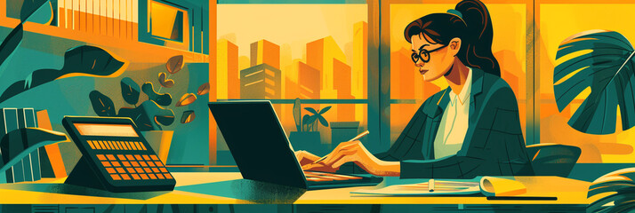 Illustration of a Businesswoman using laptop and calculator to do taxes calculation