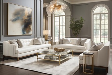 Luxury living room interior design with white sofa 3D rendering