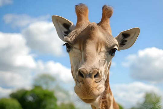 A close-up of a giraffe's face with curious eyes, set against a cloudy sky, capturing its gentle nature.