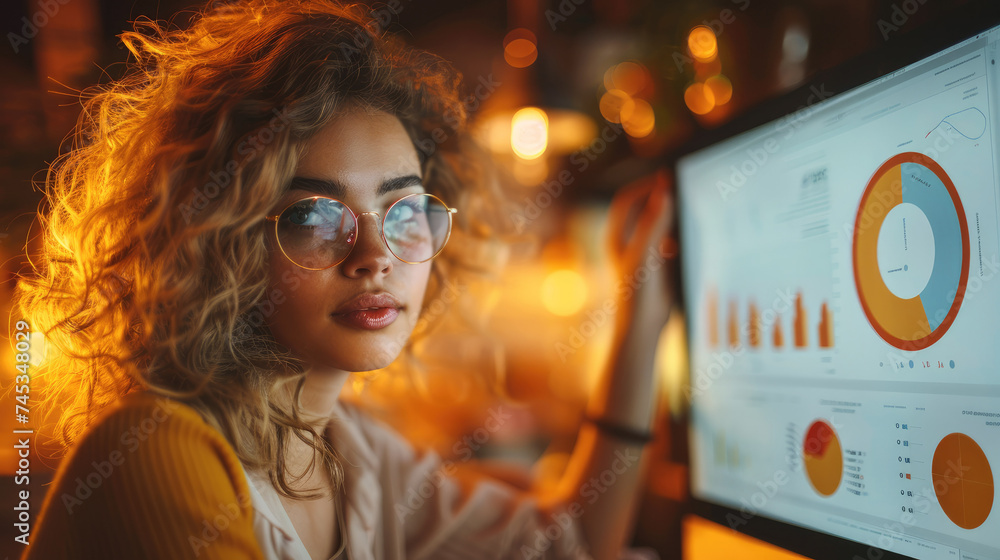 Poster woman looking to computer analyzing data and charts. nice warm light. yellow and orange tones. gener