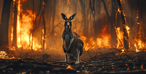 A kangaroo during a forest fire. Generative AI.