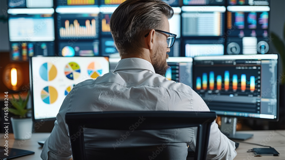 Aufkleber a digital marketing strategist working at his desk surrounded by two monitors. generative ai.