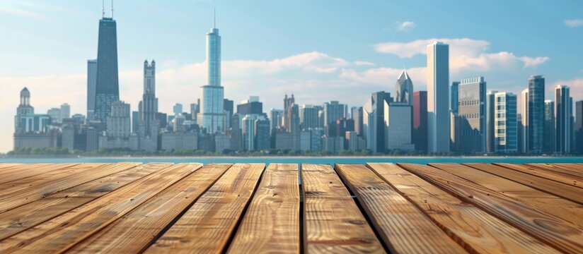 Panoramic buildings and skyline wooden board with empty space. AI generated image