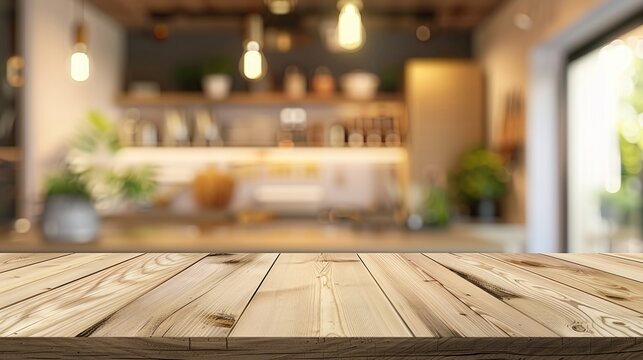 modern contemporary kitchen room interior with wooden table top on blur kitchen room background