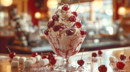 Ice cream sundae standing on a table, delicious, cherries, marshmallows. Generative AI.