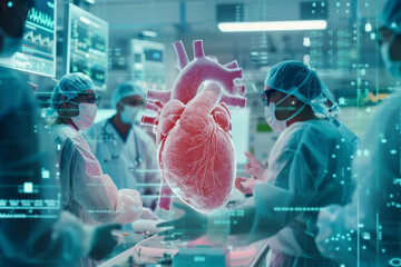 Futuristic Cardiac Surgery Team in High-Tech Operating Room, Medical staff with 3D heart hologram during advanced surgery - obrazy, fototapety, plakaty