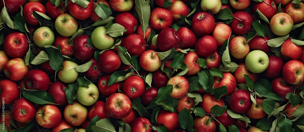 Poster a large pile of red and green apples with leaves on them, creating a vibrant and colorful scene in a